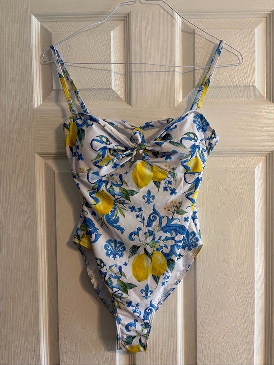 SHEIN Other - SHEIN Lemon Print One-Piece Swimsuit Size M | Blue White Tie Front Cutout